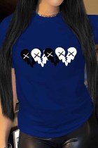 Camisetas con cuello en O de patchwork con estampado casual azul