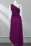 Purple Elegant Solid Patchwork Fold Asymmetrical Oblique Collar Evening Dress Dresses