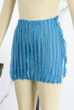 Azul casual liso patchwork fenda cintura alta saia convencional de cor sólida