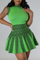 Green Casual Print Patchwork O Neck A Line Dresses