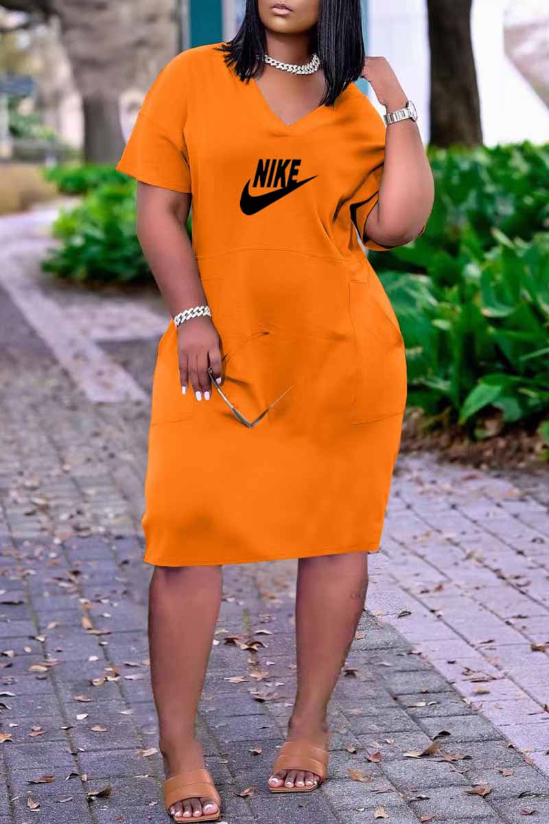 

Orange Casual Print Letter V Neck Straight Dresses