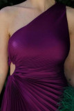 パープル エレガント ソリッド パッチワーク フォールド 非対称 斜めカラー イブニングドレス ドレス