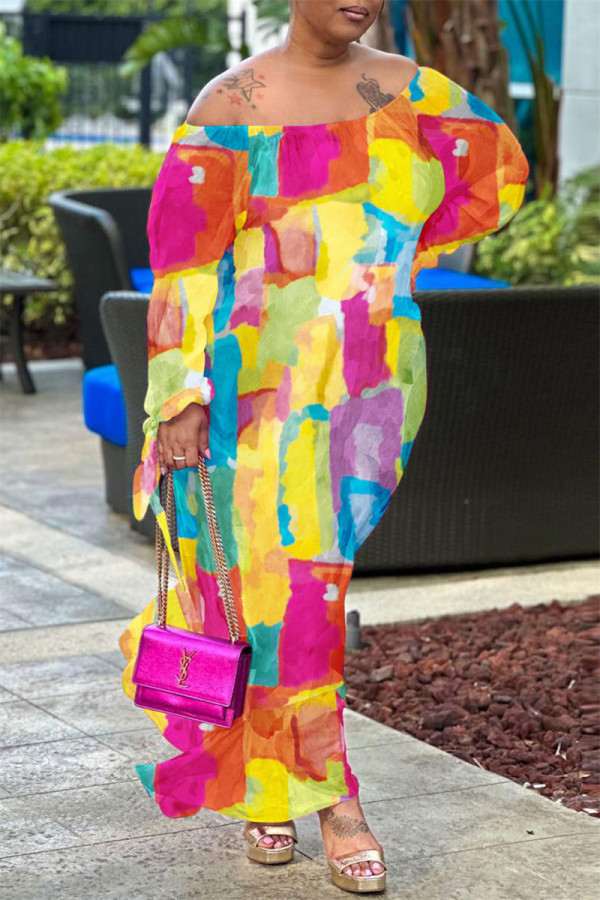 Vestidos de manga longa com estampa casual colorida e ombros caídos