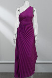 Vestido de noche de cuello oblicuo asimétrico con pliegues de patchwork sólido elegante púrpura Vestidos