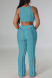 Sky Blue Sexy Solid Hollowed Out Patchwork O Neck Sleeveless Two Pieces