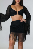 Black Sexy Solid Tassel Patchwork V Neck Long Sleeve Two Pieces