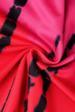 Rotes sexy Druck-Patchwork-langes Kleid mit schrägem Kragen