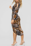Леопардовый принт Сексуальный принт Пэчворк V-образный вырез Нерегулярное платье Платья