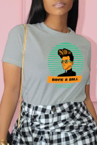 Camisetas con cuello en O de patchwork con estampado vintage casual gris