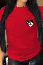 Camisetas con cuello en O de patchwork con estampado casual rojo