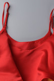 Robes de robe de bal à bretelles spaghetti à volants en patchwork rouge doux