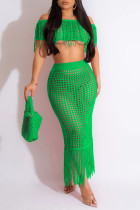 Green Sexy Solid Tassel Hollowed Out Patchwork Off the Shoulder Short Sleeve Two Pieces