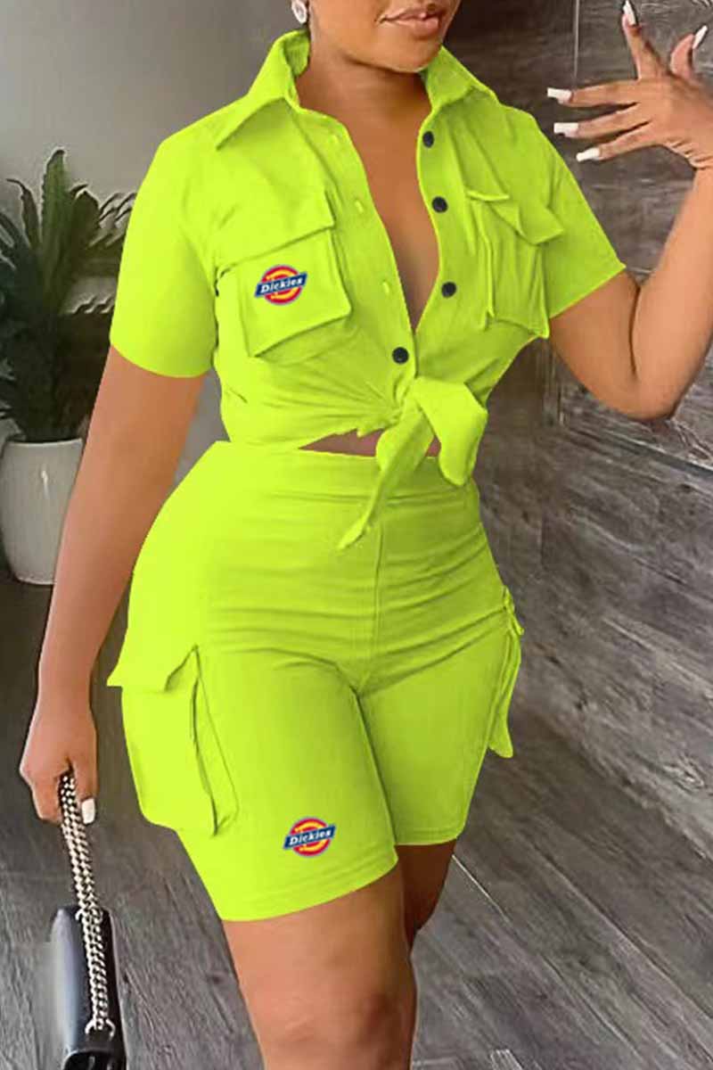 

Fluorescent Green Casual Print Patchwork Turndown Collar Short Sleeve Two Pieces