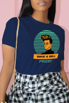 Marineblauwe casual T-shirts met vintage print en patchwork met ronde hals