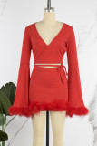 Red Sexy Solid Bandage Patchwork Feathers V Neck Long Sleeve Two Pieces
