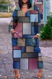 Vestidos de manga comprida com estampa casual ciano patchwork decote em V