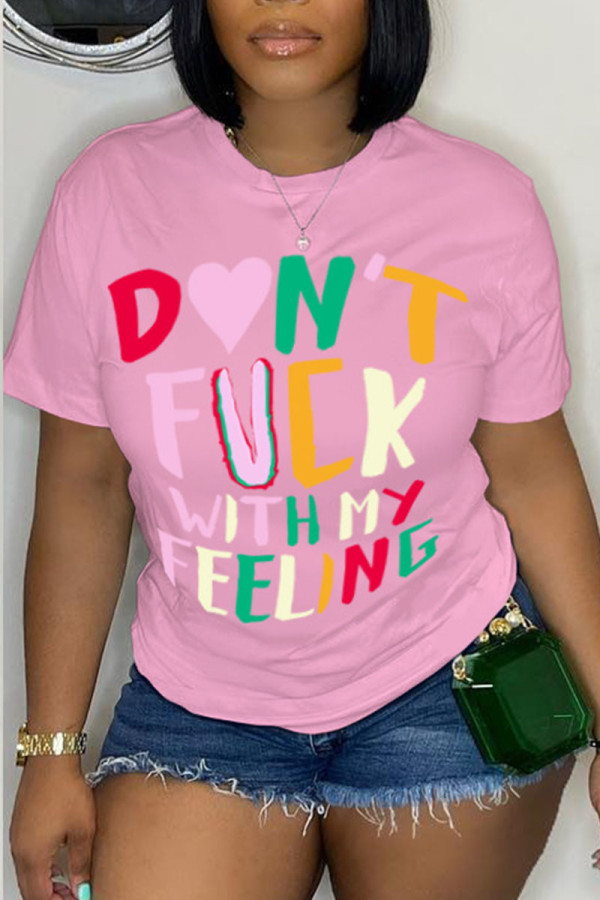 Magliette rosa con stampa casual patchwork o collo
