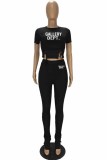 Black Sexy Street Print Letter O Neck Short Sleeve Two Pieces