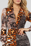 Leopardtryck sexigt tryck patchwork V-hals oregelbunden klänning klänningar
