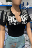 Black Sexy Print Tassel V Neck T-Shirts
