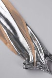 Dunkelgrauer, sexy, durchsichtiger Patchwork-Rollkragen mit langen Ärmeln, zweiteilig