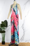 Rose Red Sexy Casual Print Tie Dye Bandage Backless Halter Normale jumpsuits