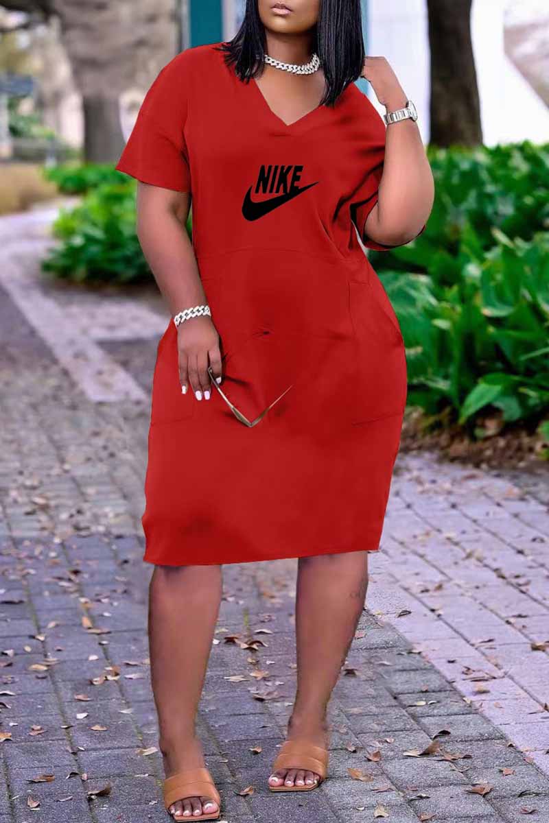 

Red Casual Print Letter V Neck Straight Dresses