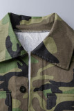 Green Casual Camouflage Print Patchwork Turndown Collar Outerwear