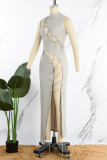 Серое сексуальное однотонное платье без рукавов с разрезом на половину водолазки Платья