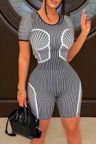 Black Sexy Striped Print Patchwork O Neck Skinny Rompers