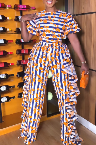 Multicolor Elegant Striped Print Patchwork Flounce O Neck Straight Jumpsuits