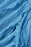 Jupe décontractée solide patchwork fente maigre taille haute conventionnelle couleur unie bleue
