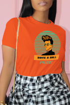 Orange Casual Vintage Print Patchwork O-hals T-shirts