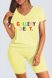 Yellow Casual Print Letter V Neck Short Sleeve Two Pieces