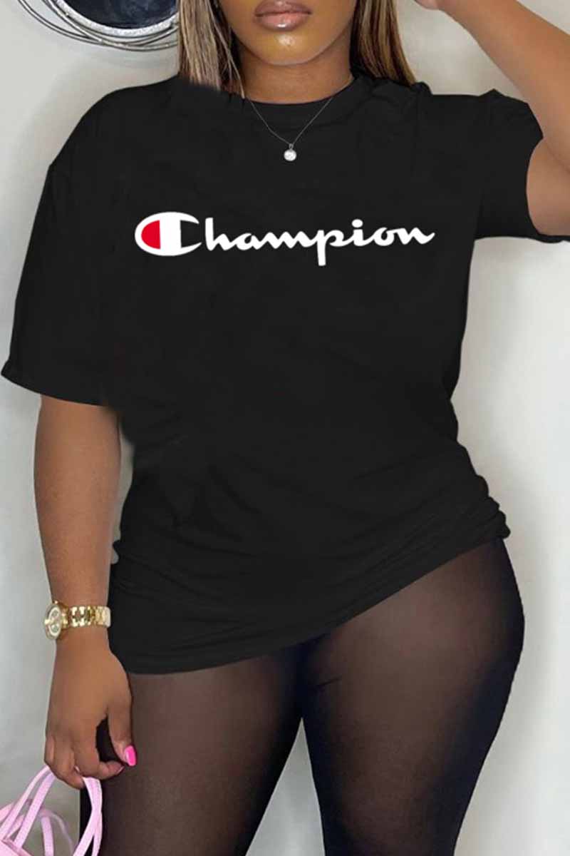 

Black Street Print Letter O Neck T-Shirts