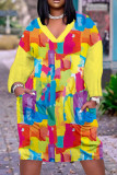 Cyaan casual print patchwork jurken met V-hals en lange mouwen