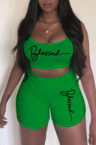Green Casual Sportswear Print Patchwork Spaghetti Strap Sleeveless Two Pieces
