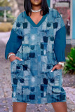 Голубые повседневные платья с длинными рукавами и принтом в стиле пэчворк с V-образным вырезом