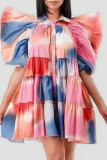 タンジェリン レッド ファッション カジュアル プリント パッチワーク バックル ターンダウン カラー A ライン ドレス