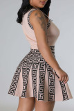 Roze casual print patchwork O-hals A-lijn jurken