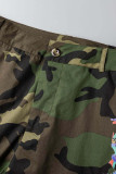 Army Green Casual Street Camouflage Print Patchwork Buckle Turndown Collar Manica corta Due pezzi