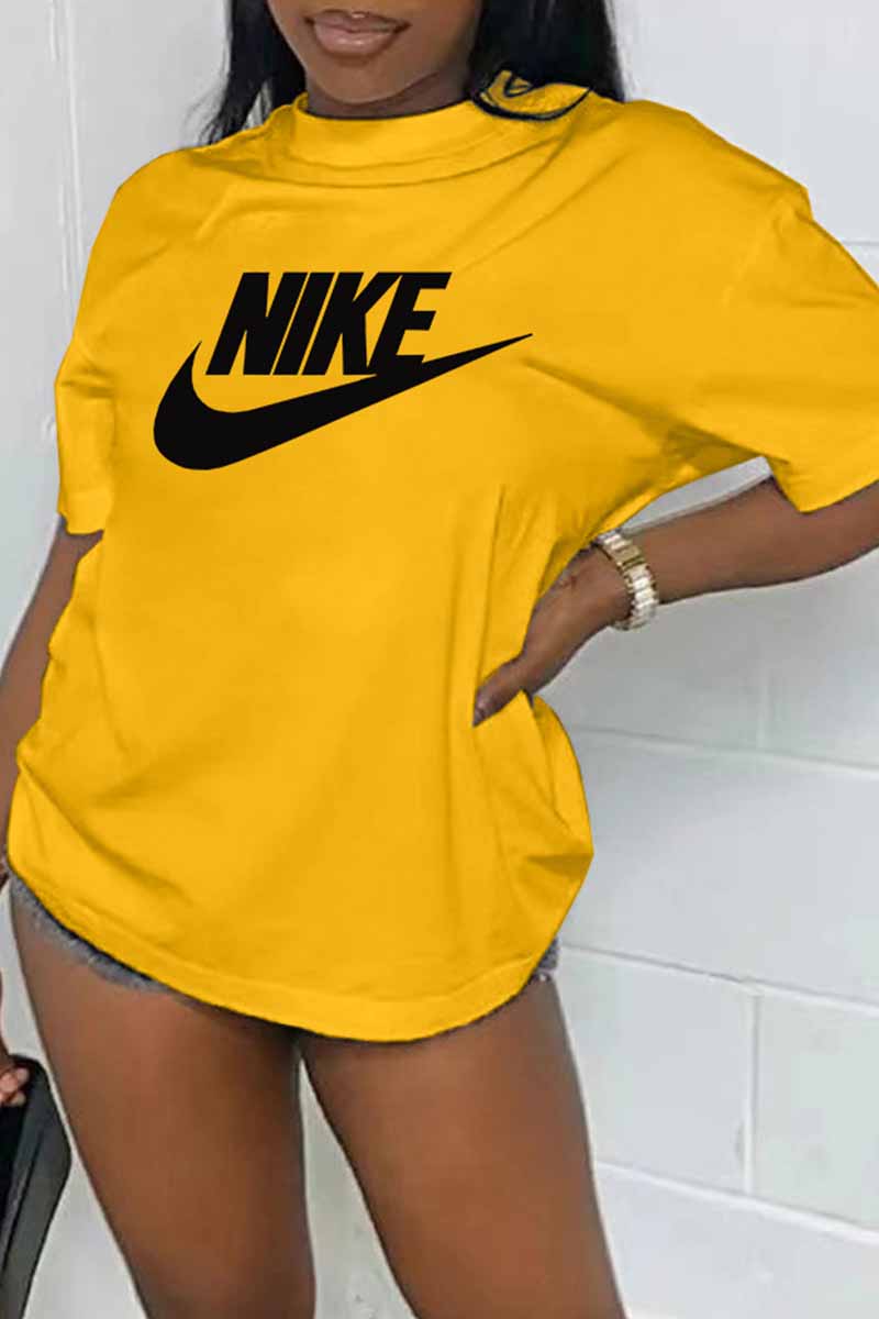 

Yellow Street Print Letter O Neck T-Shirts