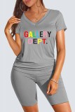 Coffee Casual Print Letter V Neck Short Sleeve Two Pieces