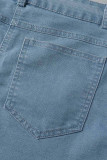 Sky Blue Street Solid Patchwork Knappar Asymmetrisk Mid Waist jeanskjolar