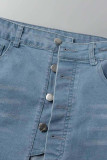 Sky Blue Street Solid Patchwork Knappar Asymmetrisk Mid Waist jeanskjolar