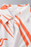 オレンジ バケーションプリント パッチワーク ターンダウンカラー 半袖 スリーピース