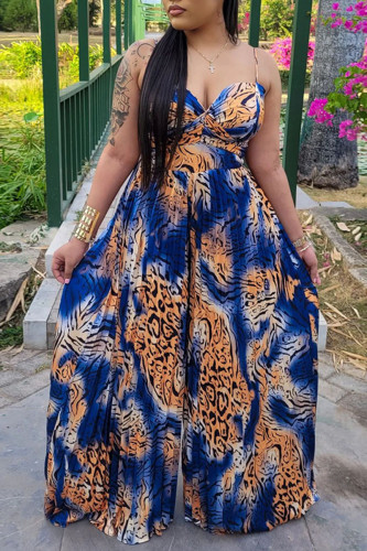 Deep Blue Sexy Print Patchwork Fold Spaghetti Strap Straight Jumpsuits