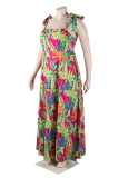 Robes de robe imprimées à bretelles spaghetti à bandage floral de vacances décontractées vertes