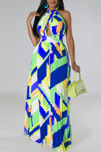 Blue Sexy Print Patchwork Backless Fold Halter A Line Dresses