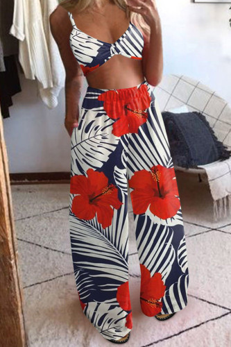 Dark Blue Red Sexy Print Patchwork Spaghetti Strap Sleeveless Two Pieces